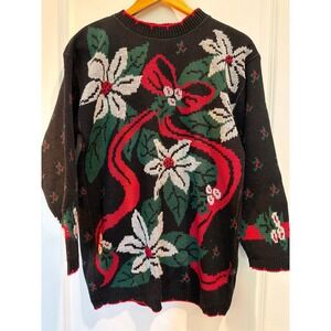Sweetbriar Vintage Christmas Sweater Poinsettia Bow Black Knit Large Holiday
